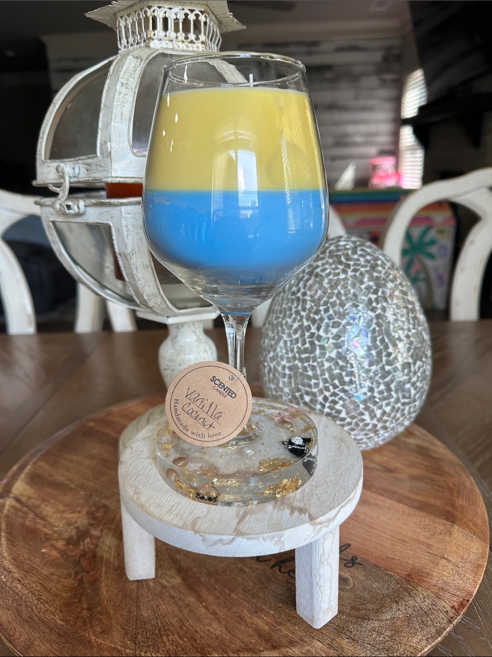 Vanilla Coconut Layered Scented Candle - Yellow & Blue with epoxy resin base